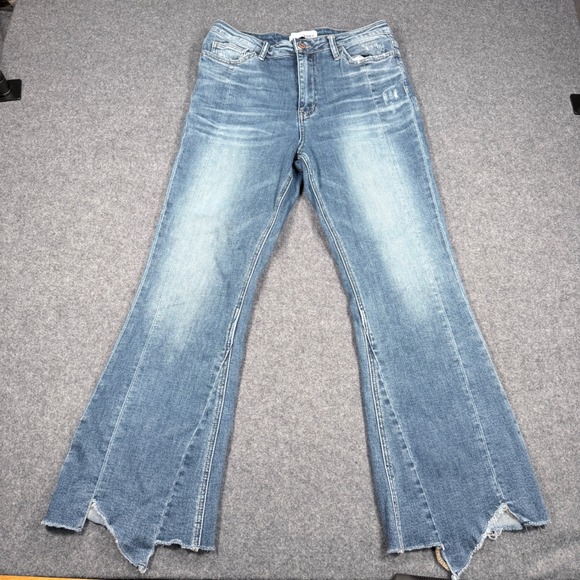 Vervet Denim - Vervet V2646 High Rise Flare Jeans Medium Wash Distressed Shark Bite Hem Size 29